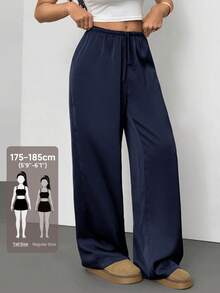 SHEIN Tall 女款低腰休閒復古緞面百搭棕色美拉德色長裙 - 藏蓝色 - 查看 8