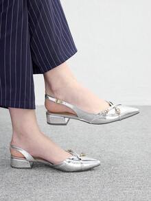 CUCCOO BIZCHIC 優雅銀色金屬尖頭扣帶厚底平底鞋，適合女性，舒適低跟款式，適用於辦公室、婚禮、派對以及春夏季鞋款 - 銀色. - 查看 5