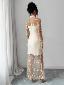 Elenzga Women's Spring/Summer Elegant Elegant Vacation Style Stand Collar Patchwork Sheer Floral Mesh Fitted Dress - Champagne - View 2