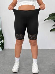 SHEIN EZwear Quần legging size lớn mùa hè thoáng khí co giãn màu trơn phối ren tương phản - màu đen - Xem 4