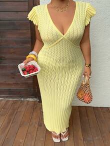 Dazy Plus Plus Size Women's Deep V-Neck Wrap Maxi Dress, Vacation Style Beach Dress, Yellow, Spring/Summer - Yellow - View 3