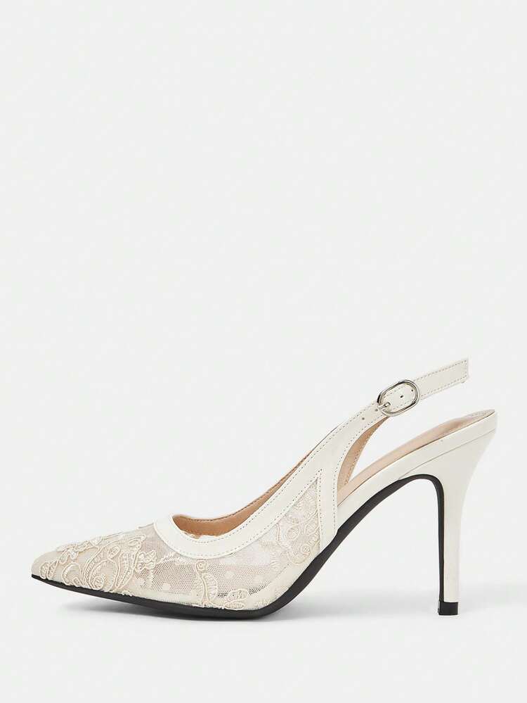 CUCCOO HITCHD Lace Hollow Pointed Back Thin Heel High Heels, The Style Is French Elegant Style, Light Luxury Bridal Style, Intellectual Commuting Style, Both Gentle Romantic And Workplace Capable Temperament; The Functional Details Use Pointed Shoes To Modify The Instep And Leg Lines, The Shoe Body Is Integrated Into The Three-Dimensional Lace Hollow Design To Add Romantic Layering, The Back Empty Buckle Style Is Convenient To Wear And Take Off And Adjustable Elastic, The Thin High-Heeled Version Enhances The
