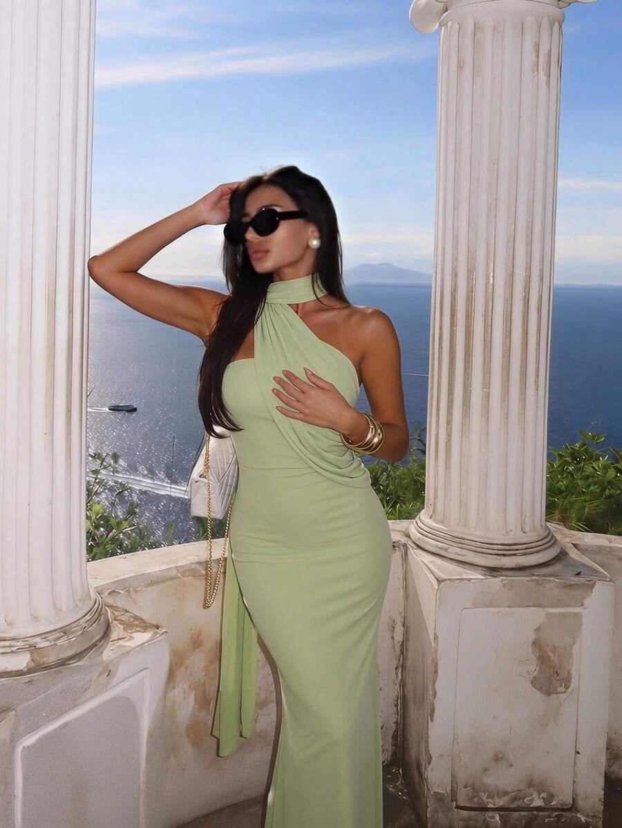 Ronhire Women's Solid Green Asymmetric Shoulder Tie-Up Dress, Green Dress, Elegant Dress, Vacation Dress, Bridesmaid Mini Dress, Back To School/Graduation Dress,Summer Dresses For Women - Green - View 1