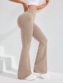 SHEIN Sports 女款高腰素色無縫喇叭瑜珈運動長褲 - 卡其色 - 查看 7