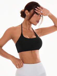 SHEIN Sports 女式圓領無鋼圈十字背後頸帶時尚運動內衣 - 黑色 - 查看 5