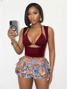 Mistrie Women's Summer Rave Solid Color Hollow Out 2 In 1 Top Night Out Burgundy - Burgundy - View 3