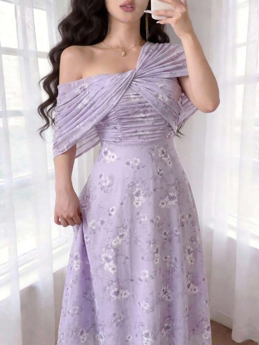 Feyla 女士露肩印花褶皱腰身优雅中长连衣裙，适合派对穿着