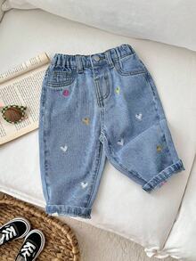 SHEIN LMoss Kids 女嬰彩色愛心刺繡圖案藍色牛仔寬鬆錐形長褲 - 淺色水洗藍 - 查看 6