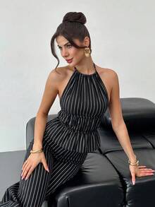 Firerie 女款優雅休閒時尚度假風性感音樂節派對新款流行條紋掛脖露背綁帶背心上衣與高腰長褲棕色兩件套 - 黑色 - 查看 9