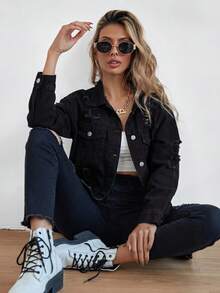 SHEIN Frenchy Button Blue Front Flap Pocket Drop Shoulder Denim Jacket - Black - View 4