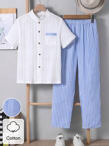 SHEIN 男童(大童)休閒學院風百搭簡約白色短袖襯衫與休閒長褲2件套，夏季套裝，優雅穿搭，適合外出、度假、觀光、拍照，2026春/夏季新款時尚 - 藍白色 - 查看 7