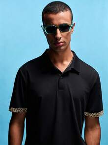 Manfinity LEGND Camisa Polo Casual de Manga Curta com Estampa de Leopardo e Patchwork para Homens - Multicolorido - Visão 4