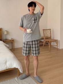 DAZY Men's Short Sleeve Patchwork Pocket Matching Shorts Pajama Set - Multicolor - View 4