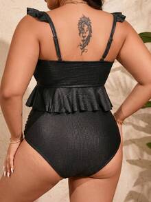 SHEIN Swim Curve Plus Size Women Solid Color Ruffle Trim Casual Tankini Swimsuit Set Gym Summer - Black - View 2