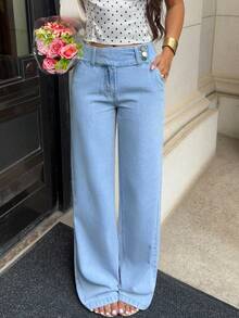 SHEIN Tall 女款多功能戶外多口袋藍色牛仔褲，適合四季穿著，適合高個女性 - 淺色水洗藍 - 查看 3
