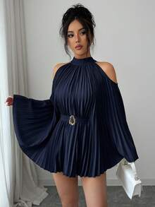 Elenzya Blusa elegante de mujer para vacaciones y viajes con cintura definida, manga acampanada de largo medio y cinturón - Celeste - Ver 11