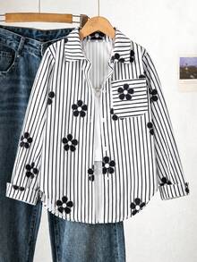 SHEIN Tween Girl Striped Lightweight Sun Protection Shirt, Spring & Summer,Holiday,Summer,Travel - Black and White - View 4