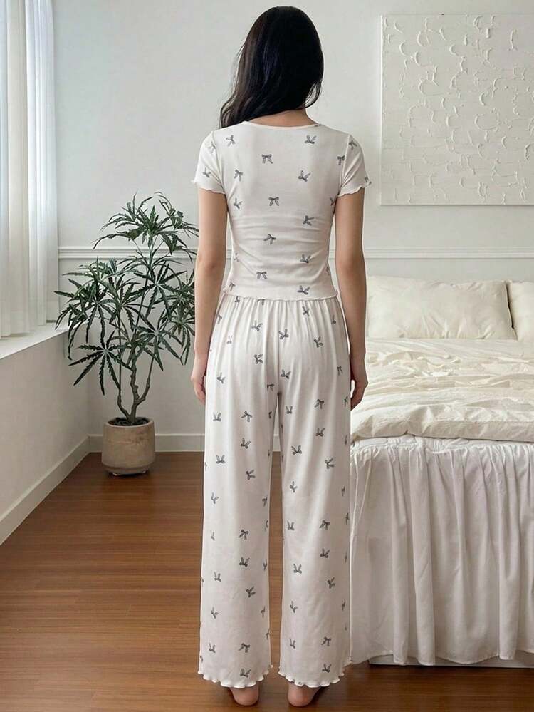 2pcs/Set Women Butterfly Print Short Sleeve T-Shirt And Straight Long Pants Pajama Set, Summer