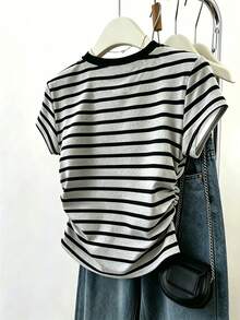Teen Girls Black Striped & Graphic Print Knit T-Shirt,Casual Summer Tee For Graduation,Spring Personalized Graphic Tee,Comfortable Back To School Wear - Multicolor - View 2