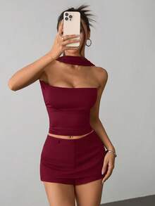 SHEIN PETITE 女款純色修身時尚百搭掛脖細肩帶背心，適合嬌小女性 - 酒紅色 - 查看 7