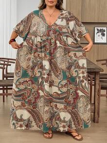 SHEIN CURVE+ Curve Size US22 女款寬鬆小碎花 V 領短袖娃娃洋裝 米色 夏季音樂祭海邊度假波希米亞 1950s 復古 90s 風格 - 彩色 - 查看 7