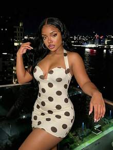 Slaydiva Summer New Elegant Sexy Slim Fit Polka Dot Apricot Brown Backless Mini Dress, Suitable For Valentine's Day Women's Wear, Perfect For Daily Wear, Party, Sexy Girls, Sexy Club, Casual Street Style, Date, Valentine's Day, Brunch, Airport, Back To School, Vacation, Holiday, Wedding Season. Vacation - Apricot - View 3
