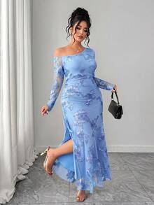 SHEIN Tall CURVE 大尺碼女款蕾絲網紗貼花長袖優雅美人魚風單肩正式晚禮服，大尺碼女款單肩長袖花卉蕾絲收腰修身貼身派對網紗長洋裝，優雅設計與拖地裙擺非常適合正式晚宴、舞會、畢業典禮及其他特殊場合 - 淺藍色 - 查看 5