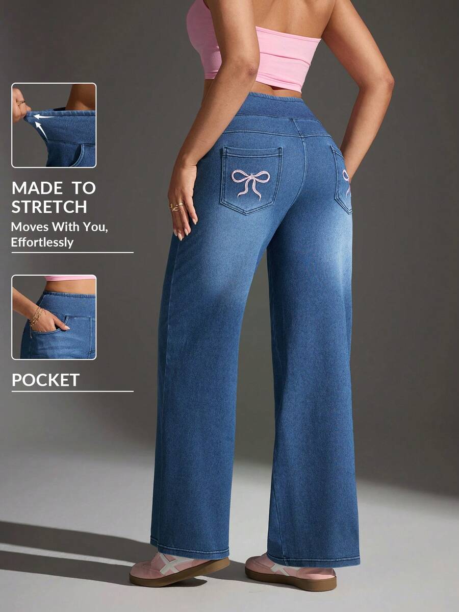 Flexra Quần jeans nữ dáng suông, chất liệu co giãn, kiểu dáng cơ bản, có thêu nơ. - Rửa trung bình - Xem 1