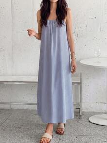 SHEIN LUNE Women Blue And White Stripe Loose Casual Coastal Minimalist Spaghetti Strap Mid-Length Dress Brunch Vacation Summer Cotton Material Beach - Blue and White - View 4