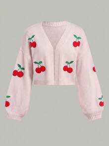 SHEIN Girlism 青少年女孩粉紅色紅色可愛櫻桃水果圖案刺繡百搭外出針織開襟外套 - 粉色 - 查看 1