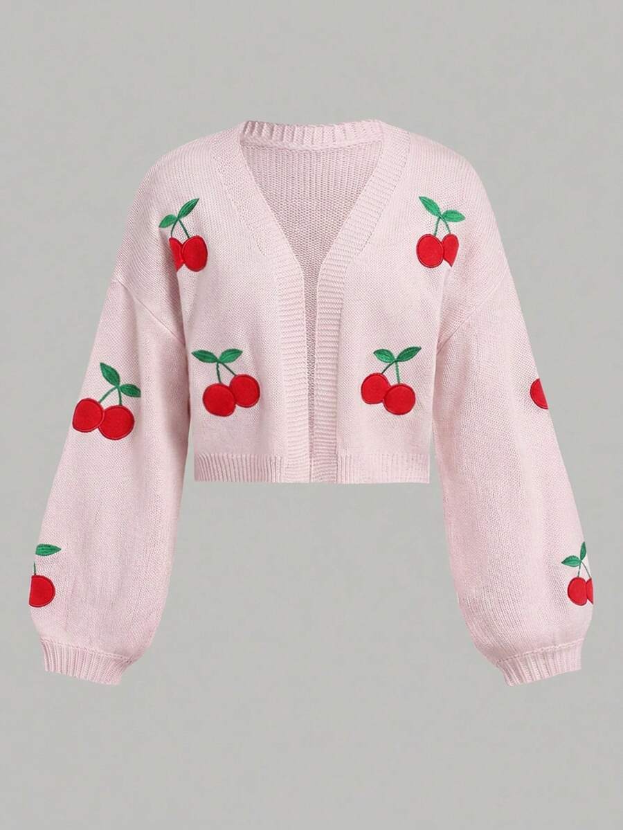 SHEIN Girlism 青少年女孩粉紅色紅色可愛櫻桃水果圖案刺繡百搭外出針織開襟外套 - 粉色 - 查看 1