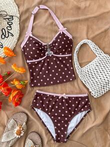 SHEIN Áo tankini cổ yếm sọc đen trắng vân nổi cho thiếu nữ, phù hợp bơi lội, đi nghỉ mát, mặc đi biển, bộ đồ bơi trẻ em, kỳ nghỉ hè - Nhiều màu - Xem 6