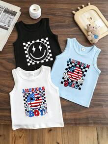 SHEIN Playful Pals 3件/組 嬰兒臉部字母圖案圓領休閒背心上衣 夏季，嬰兒男童背心上衣，嬰兒夏季背心上衣，嬰兒T恤，嬰兒男童臉部背心上衣，幼兒背心上衣，嬰兒男童上衣 3件/組 - 彩色 - 查看 3