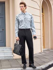 Officeau Cămașă bărbătească elegantă cu imprimeu geometric, stil naveta, top cu mânecă lungă - Gri - Vizualizare 4