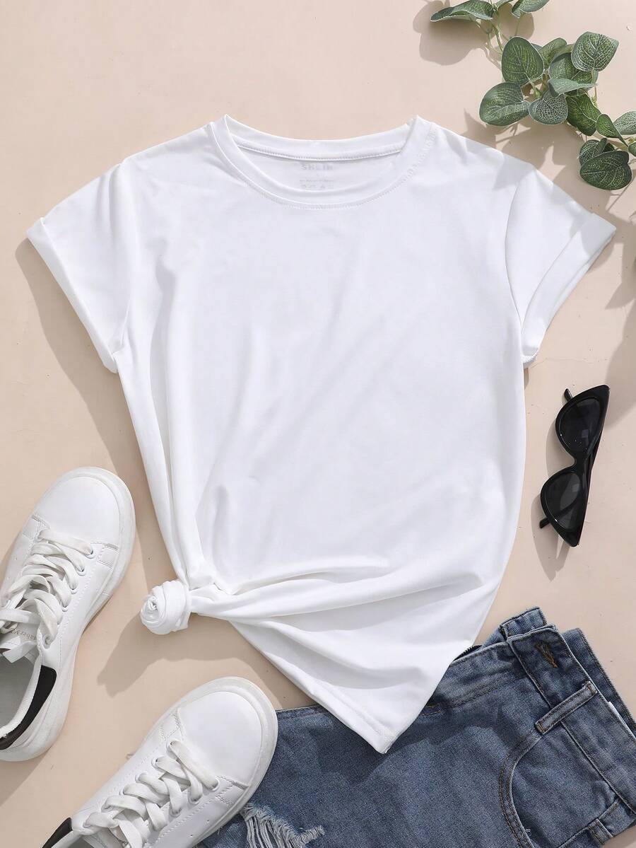 INAWLY Solid Round Neck Tee - White - View 1
