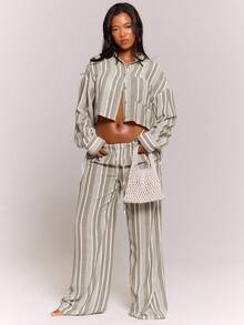 MUSERA Áo sơ mi cúc sọc vải linen vân nhám, áo top đồng bộ, thời trang đi biển mùa xuân hè, phong cách dễ thương thường ngày cho kỳ nghỉ dưỡng - Nhiều màu - Xem 5
