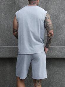 Manfinity Homme Men's Plus Size Summer Casual Minimalist Solid Color Loose Round Neck Tank Top And Shorts Set - Grey - View 2