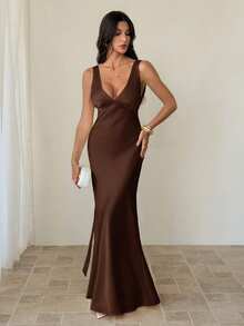 SHEIN Tall Sexy Minimalist Solid Color Dark Brown Deep V-Neck Sleeveless Backless Tie Maxi Dress, Party Night Out, Cocktail, Formal Occasions, Summer - Brown - View 7