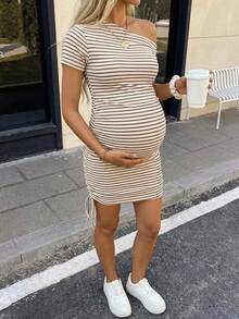 SHEIN Gaun Hamil Hitam Bodycon Musim Panas, Pakaian Kasual Sopan Berpayet untuk Pemotretan, Ruffle Bahu Terbuka, Tali Serut Samping, Bahu Asimetris Formal - Aprikot - View 3