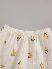 SHEIN Elladie kids 两件套少女可爱甜美吊带背心和阔腿裤套装，黄色碎花印花，休闲度假沙滩装 - 黃色 - 查看 26