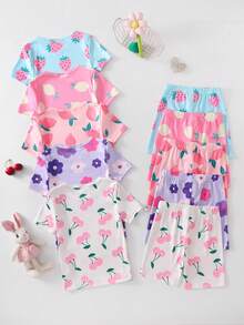 Young Girls Snug Fit Colorful Fruit Pajama Set With Lemon, Strawberry, Cherry & Flower Decor, Elastic Round Neck, Short Sleeve Shorts, Random 1 Set - Multicolor - View 2