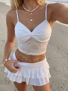INAWLY Women's Summer Vacation Casual Lace Patchwork Pleated Camisole Top - White - View 7