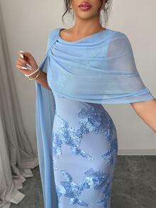 Elenzga Plus Size Women's Elegant Light Blue 3D Floral Cape-Style Maxi Dress, Crew Neck Draped Slim Bodycon Gown,Sophisticated Occasion Wear For Banquet Party - Blue - View 5