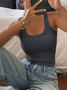 DAZY Women's Solid Color Fitted Casual Vacation Summer Tank Top - Grey - View 5
