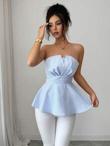 SHEIN Raffinéa Striped Elegant Sleeveless Tube Top, Pleated Neckline Detail, Suitable For Women's Birthday Outfit, Women's Blouse, Formal Elegant Top, Suitable For Women's Wedding, Latest Women's Apparel - Blue - View 4