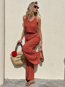 Serisse Women's Solid Color Sleeveless Casual Vacation Jumpsuit - Redwood - View 2