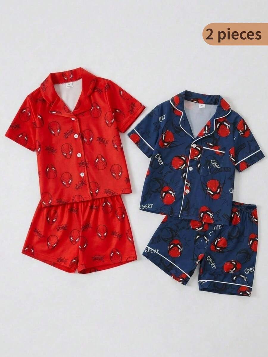 青少年男孩阻燃印花經典領開襟式紅色底黑線頭印花短袖上衣與鬆緊腰短褲睡衣家居套裝 - 紅色 - 查看 1