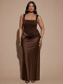 SHEIN BAE CURVE 大尺碼女款棕色優雅拼接布料長版背心洋裝 - 棕色 - 查看 2