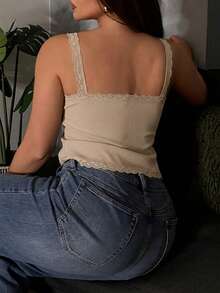 Dazy Plus Plus Size Women Contrast Lace Elastic Tight Camisole Top, Spring/Summer - Apricot - View 4