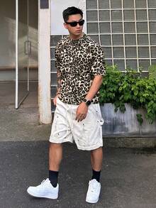 DAZY 男士夏季棕色豹紋布料短袖街頭風T恤 - 彩色 - 查看 6